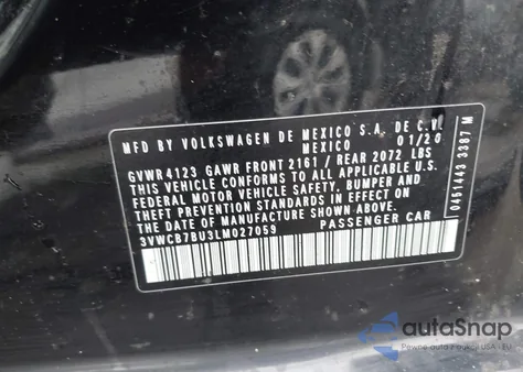 2020 Volkswagen Jetta из США, поврежденный, VIN 3VWCB7BU3LM027059